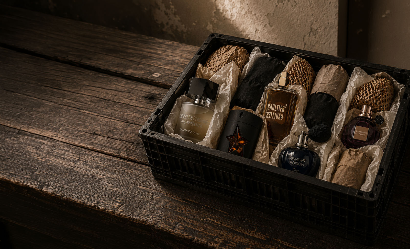 Archived fragrance bottles in the MONKO archive
